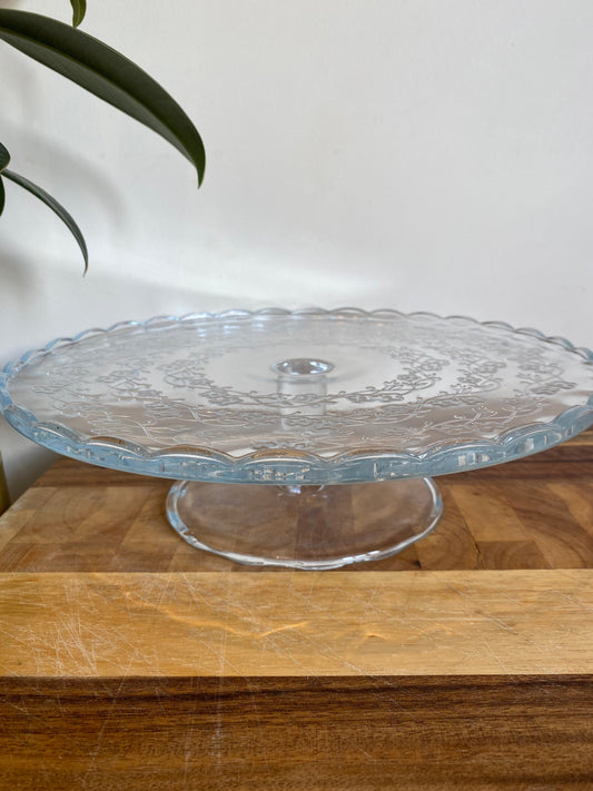 Vintage Cake Stand | Glass Cake Stand | Decorative Cake Stand | Forget me Nots | Engraved Cake Stand | Vintage Glassware | Vintage Gift