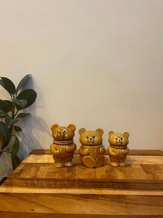 Set of Three Vintage Teddy Bear Pots | Teddy Bear Pots with Lids | Mid Century Ceramic Bear Jars | Vintage Honey Pots | Vintage Decor