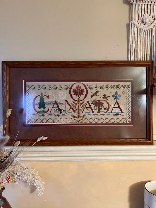 Stunning Large Cross Stitch Embroidery Canada | Canada Art Work | Vintage Wall Decor | Vintage Art | Mid Century Art | Maple Leaf | Framed