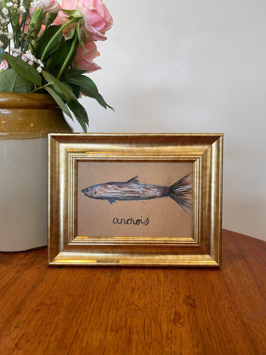 Anchovy Pastel Drawing | Original Artwork ‘Anchois’ | Art for Kitchen | Painting of Fish | Seafood Painting | Bathroom Art | Handmade Art