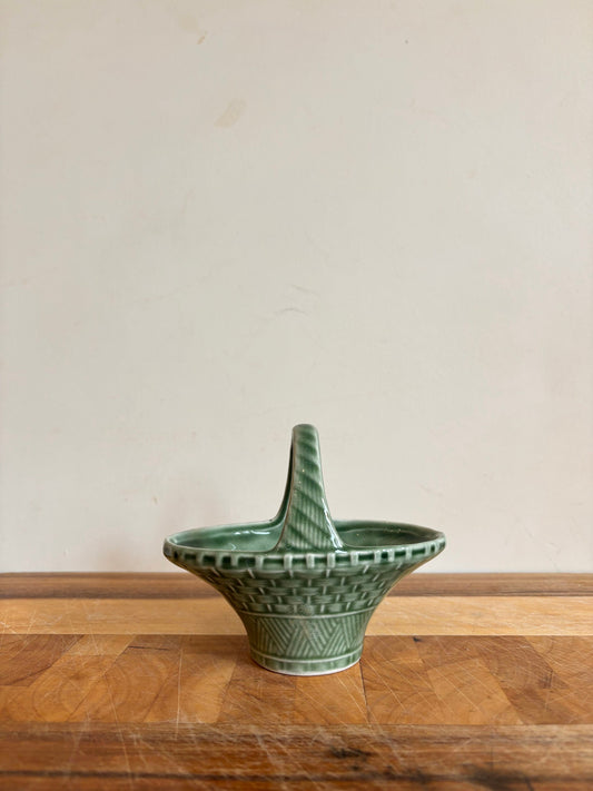 Small Dartmouth Pottery Mantle Vase | Mid Century Ceramic Ornament | Quirky Ornament | Green Basket Pot | Ceramic Basket | Flower Basket