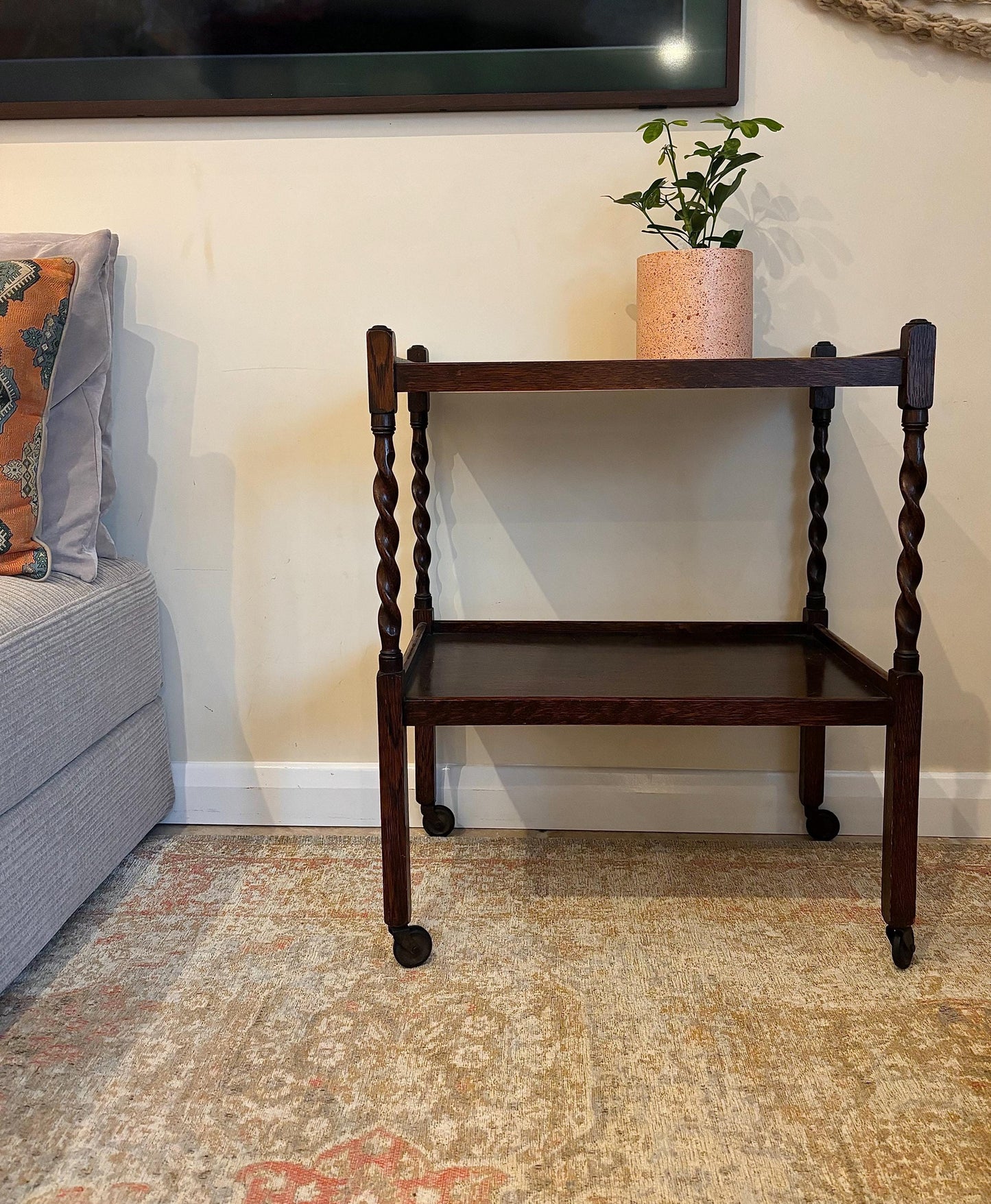 Antique Spiral Detail Wooden Bar Cart | Trolley on Castors | Wheeled Bar Cart | Vintage Bar Trolley | Vintage Side Table | Barley Twist