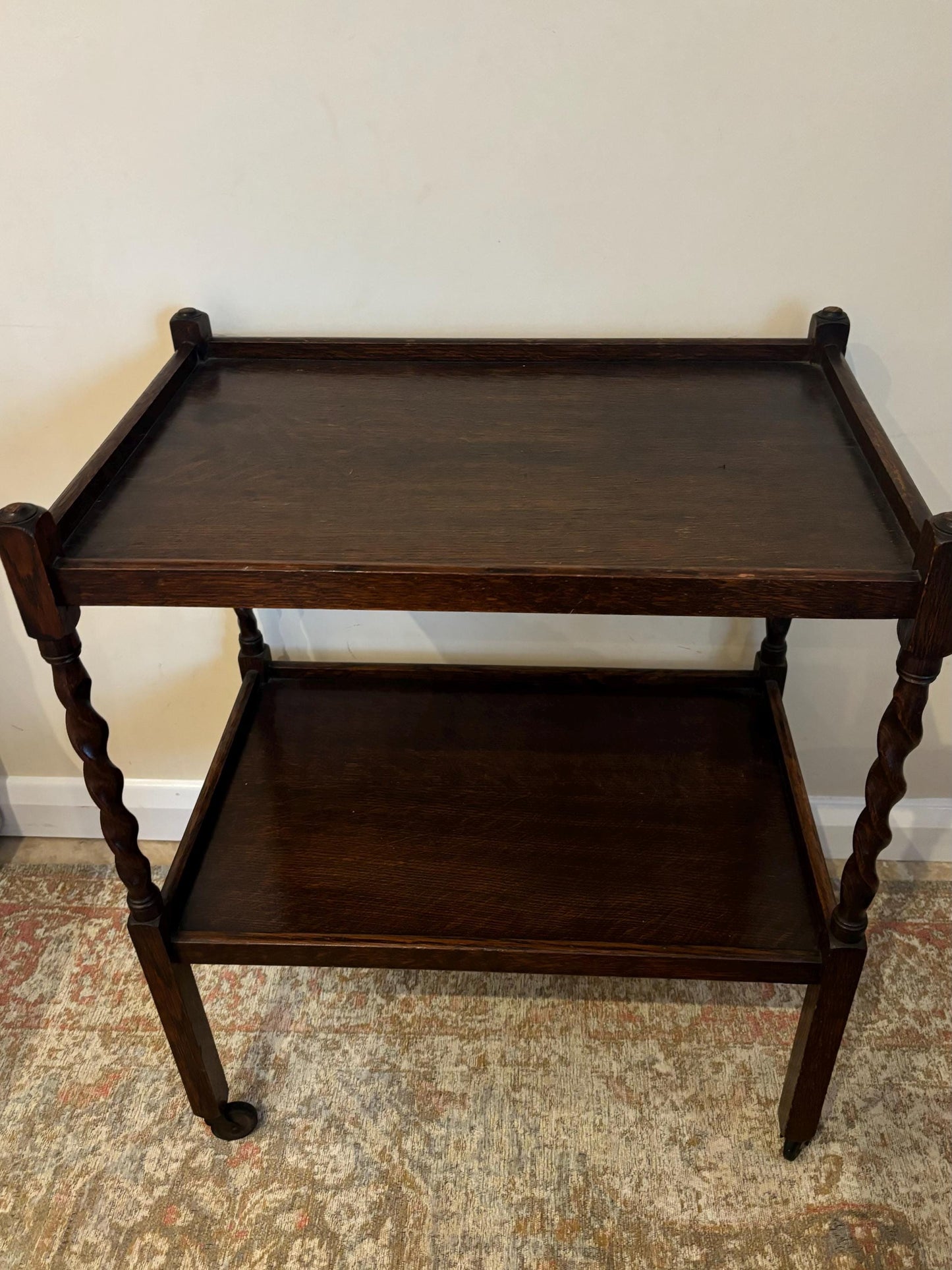 Antique Spiral Detail Wooden Bar Cart | Trolley on Castors | Wheeled Bar Cart | Vintage Bar Trolley | Vintage Side Table | Barley Twist