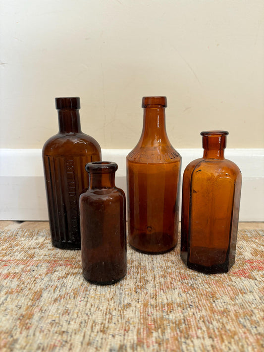 Set of Four Vintage Brown Glass Bottles | Antique Glass Bottles | Apothecary Bottles | Vintage Decor | Antique Medicine Bottles | Schweppes