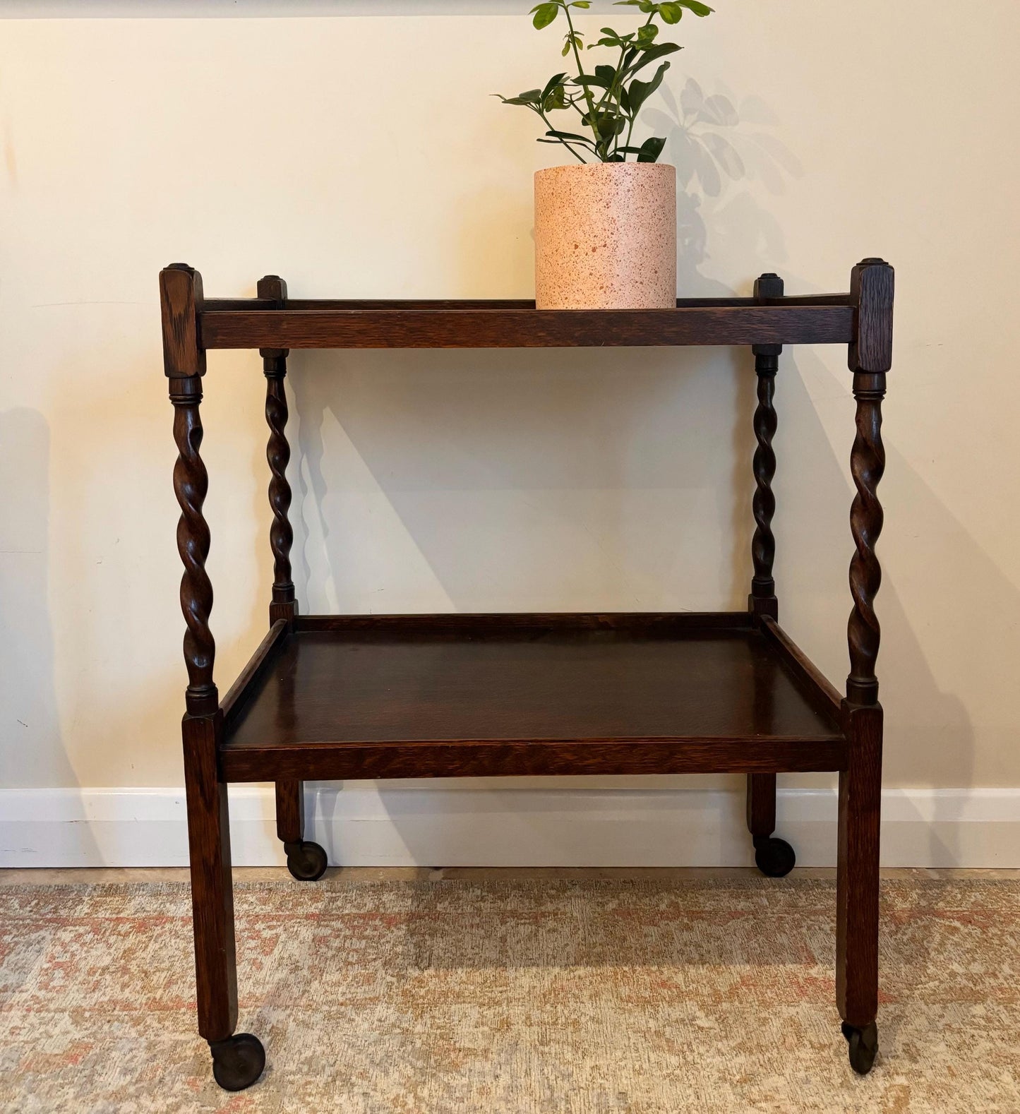 Antique Spiral Detail Wooden Bar Cart | Trolley on Castors | Wheeled Bar Cart | Vintage Bar Trolley | Vintage Side Table | Barley Twist