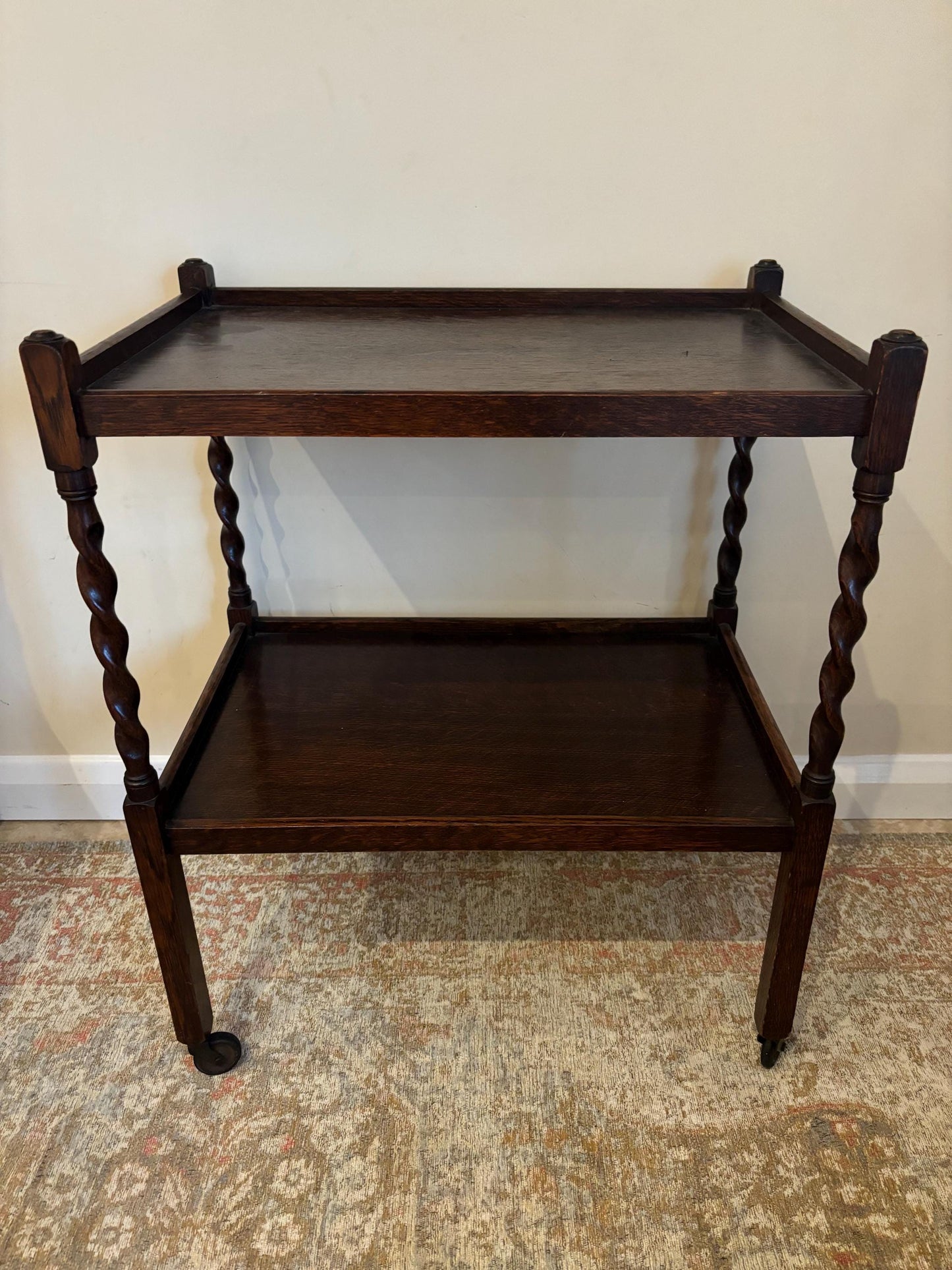 Antique Spiral Detail Wooden Bar Cart | Trolley on Castors | Wheeled Bar Cart | Vintage Bar Trolley | Vintage Side Table | Barley Twist